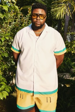 Plus Regular Resort Print Shirt & Swim Short Set In Yellow | BoohooMAN UK