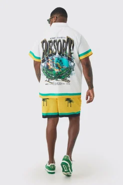 Plus Regular Resort Print Shirt & Swim Short Set In Yellow | BoohooMAN UK