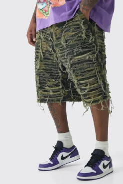 Plus Relaxed Heavily Distressed Camo Jort | BoohooMAN UK