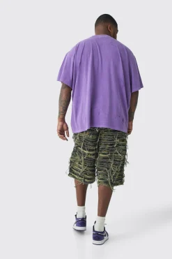 Plus Relaxed Heavily Distressed Camo Jort | BoohooMAN UK