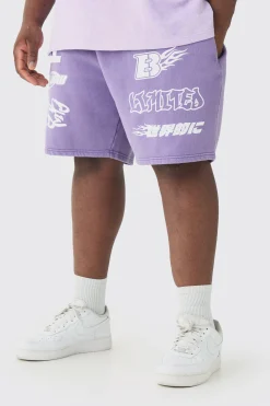 Plus Relaxed Moto Puff Print Washed Shorts | BoohooMAN UK