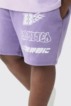 Plus Relaxed Moto Puff Print Washed Shorts | BoohooMAN UK
