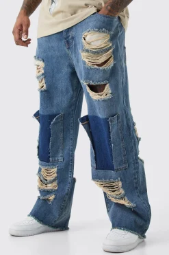 Plus Relaxed Rigid Distressed Jeans | BoohooMAN UK