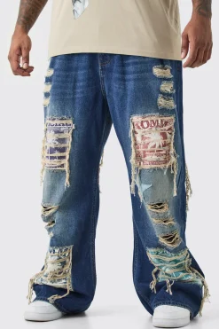 Plus Relaxed Rigid Flare Applique Jeans | BoohooMAN UK