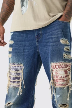 Plus Relaxed Rigid Flare Applique Jeans | BoohooMAN UK