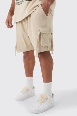 Plus Ribbed Relaxed Cargo Short In Taupe | BoohooMAN UK