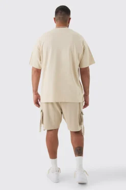 Plus Ribbed Relaxed Cargo Short In Taupe | BoohooMAN UK