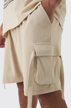 Plus Ribbed Relaxed Cargo Short In Taupe | BoohooMAN UK