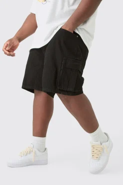 Plus Rigid Denim Relaxed Fit Cargo Shorts In Black | BoohooMAN UK