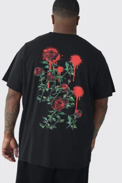 Plus Rose Floral Back Print T-shirt | BoohooMAN UK