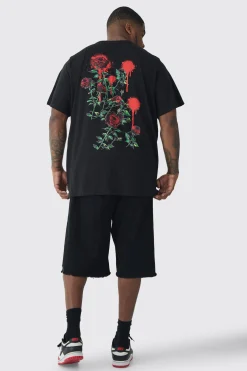Plus Rose Floral Back Print T-shirt | BoohooMAN UK