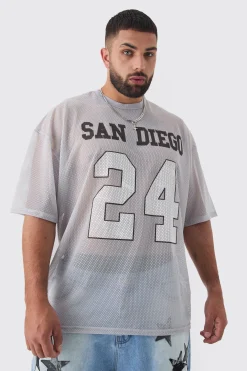 Plus San Diego Printed Varsity Mesh Basketball T-shirt In Blue | BoohooMAN UK