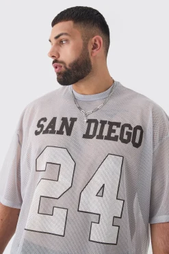 Plus San Diego Printed Varsity Mesh Basketball T-shirt In Blue | BoohooMAN UK