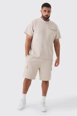 Plus Scuba Extended Neck Pocket T-shirt & Cargo Short Set | BoohooMAN UK