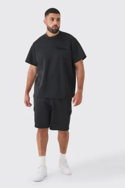 Plus Scuba Extended Neck Pocket T-shirt & Cargo Short Set | BoohooMAN UK