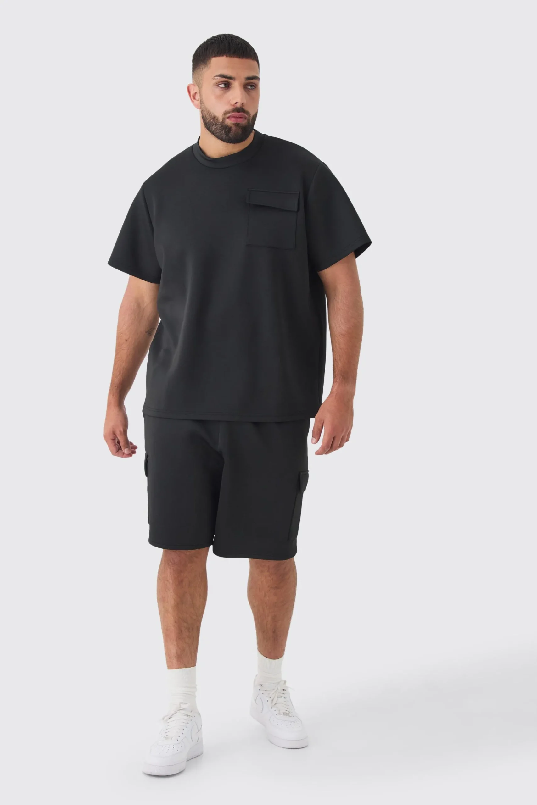 Plus Scuba Extended Neck Pocket T-shirt & Cargo Short Set | BoohooMAN UK