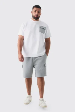 Plus Scuba Extended Neck Pocket T-shirt & Cargo Short Set | BoohooMAN UK