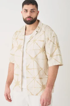 Plus Short Sleeve Drop Revere Abstract Poplin Print Shirt | BoohooMAN UK