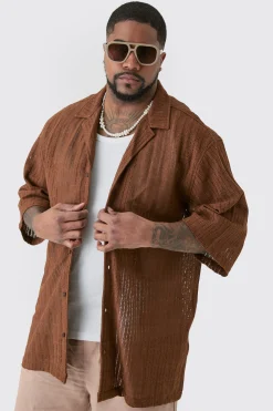 Plus Short Sleeve Drop Revere Open Weave Shirt | BoohooMAN UK