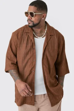 Plus Short Sleeve Drop Revere Open Weave Shirt | BoohooMAN UK