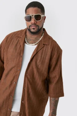 Plus Short Sleeve Drop Revere Open Weave Shirt | BoohooMAN UK