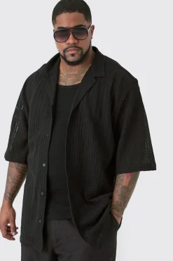Plus Short Sleeve Drop Revere Open Weave Shirt | BoohooMAN UK