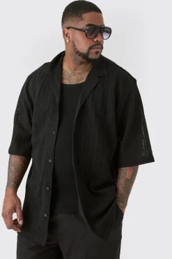 Plus Short Sleeve Drop Revere Open Weave Shirt | BoohooMAN UK