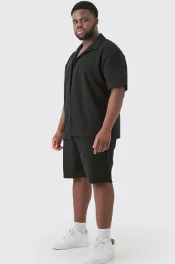 Plus Short Sleeve Drop Revere Shirt & Short Set In Black | BoohooMAN UK