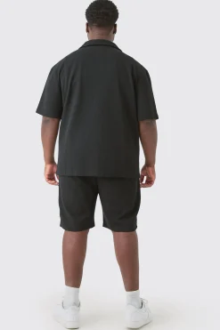 Plus Short Sleeve Drop Revere Shirt & Short Set In Black | BoohooMAN UK