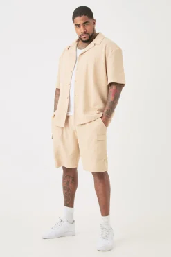 Plus Short Sleeve Drop Revere Shirt & Cargo Short Set In Stone | BoohooMAN UK