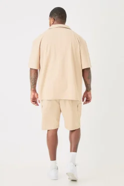 Plus Short Sleeve Drop Revere Shirt & Cargo Short Set In Stone | BoohooMAN UK