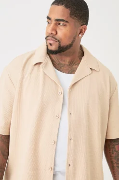 Plus Short Sleeve Drop Revere Shirt & Cargo Short Set In Stone | BoohooMAN UK