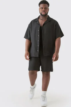 Plus Short Sleeve Drop Revere Linen Shirt & Short Set In Black | BoohooMAN UK