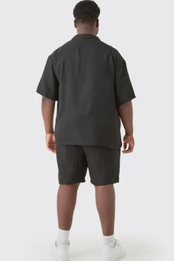 Plus Short Sleeve Drop Revere Linen Shirt & Short Set In Black | BoohooMAN UK