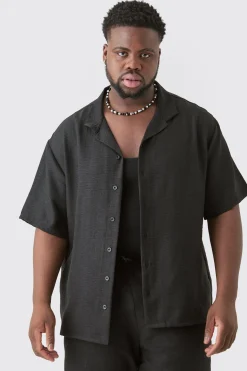 Plus Short Sleeve Drop Revere Linen Shirt & Short Set In Black | BoohooMAN UK