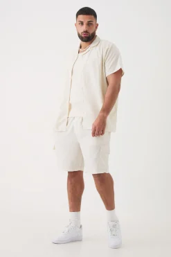 Plus Short Sleeve Linen Cargo Shirt & Short Set In Natural | BoohooMAN UK