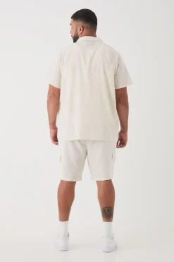 Plus Short Sleeve Linen Cargo Shirt & Short Set In Natural | BoohooMAN UK