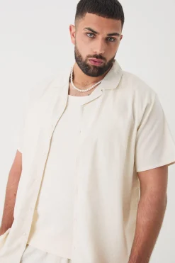 Plus Short Sleeve Linen Cargo Shirt & Short Set In Natural | BoohooMAN UK