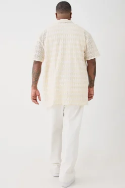 Plus Short Sleeve Oversized Revere Abstract Open Weave Shirt | BoohooMAN UK
