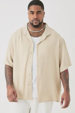 Plus Short Sleeve Oversized Linen Shirt In Natural | BoohooMAN UK