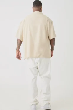Plus Short Sleeve Oversized Linen Shirt In Natural | BoohooMAN UK