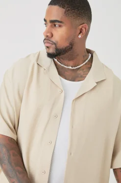 Plus Short Sleeve Oversized Linen Shirt In Natural | BoohooMAN UK