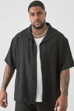 Plus Short Sleeve Oversized Linen Shirt In Black | BoohooMAN UK