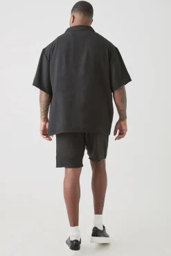 Plus Short Sleeve Oversized Linen Shirt In Black | BoohooMAN UK