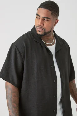 Plus Short Sleeve Oversized Linen Shirt In Black | BoohooMAN UK
