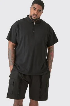 Plus Short Sleeve Pique Polo In Black | BoohooMAN UK