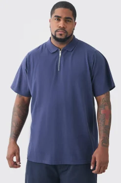 Plus Short Sleeve Pique Polo In Navy | BoohooMAN UK