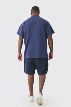 Plus Short Sleeve Pique Polo In Navy | BoohooMAN UK