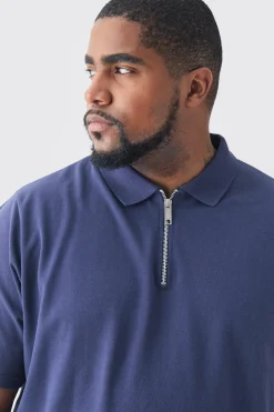 Plus Short Sleeve Pique Polo In Navy | BoohooMAN UK