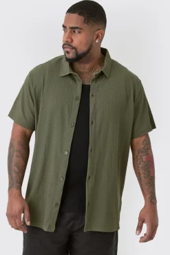 Plus Short Sleeve Regular Textured Shirt In Khaki | BoohooMAN UK